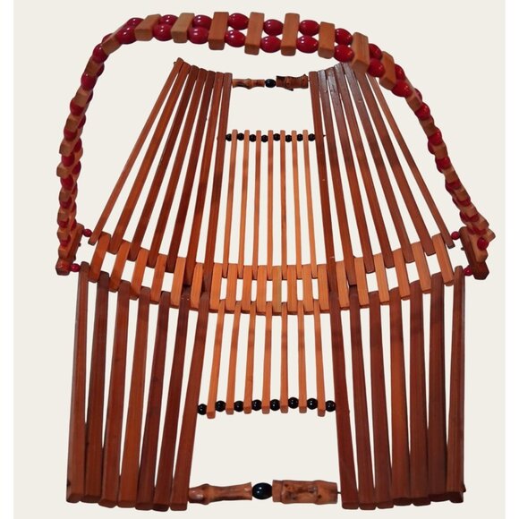 Collapsible Wooden Fruit Basket MCM Red Beads Accents Vintage Teak Wood - Picture 4 of 12